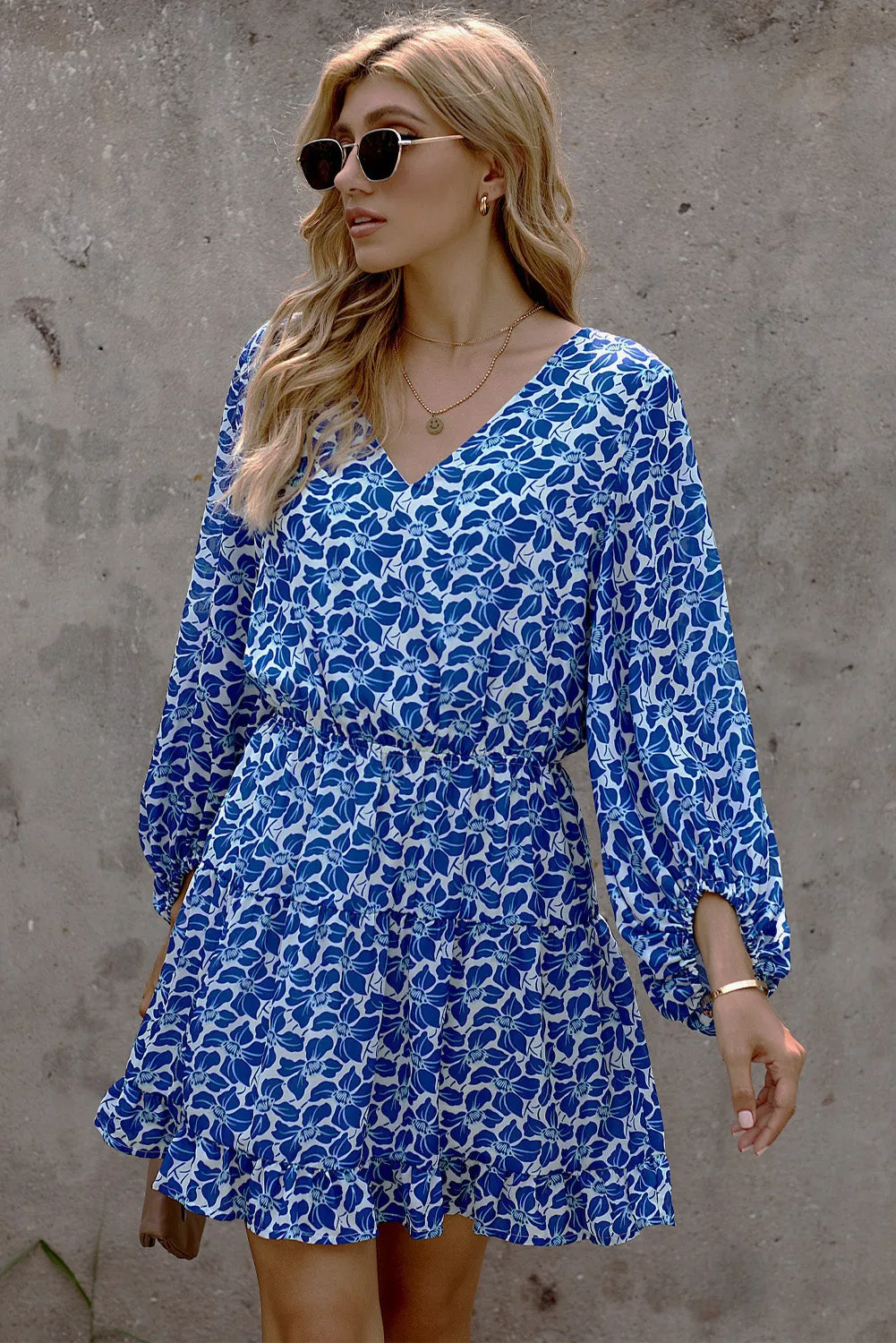 Blue V Neck Lantern Sleeves Floral Tunic Dress