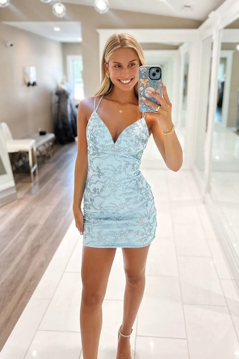 Bodycon V Neck Sequin Lace Short Homecoming Dresses