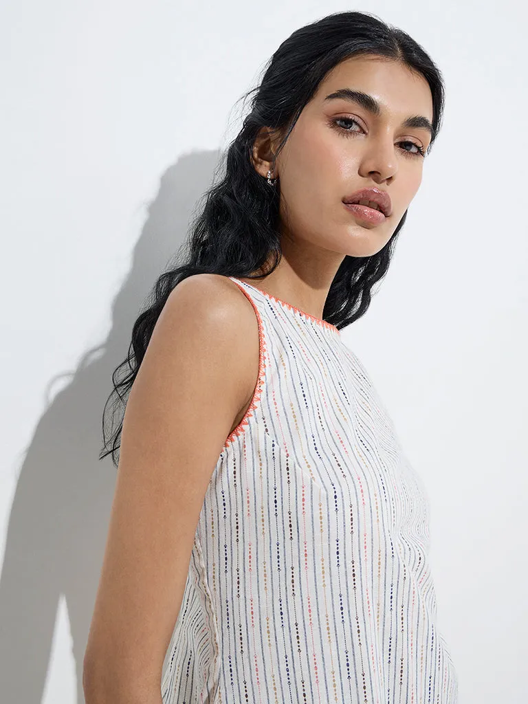 Bombay Paisley Off-White Striped Cotton Straight Dress