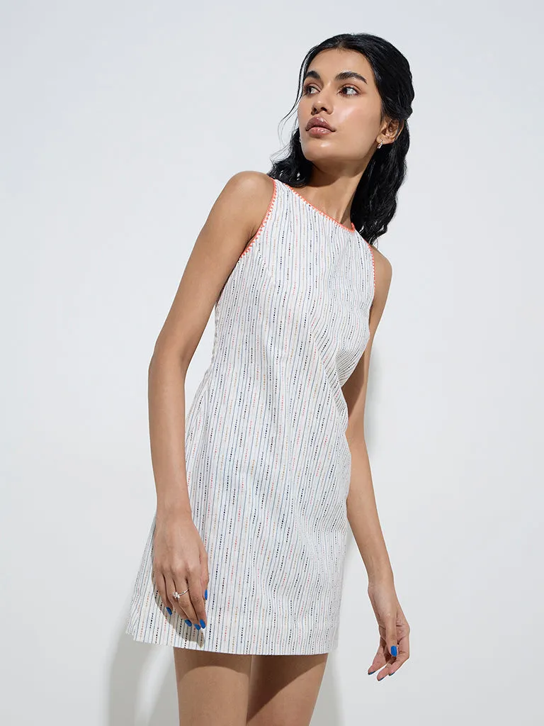 Bombay Paisley Off-White Striped Cotton Straight Dress