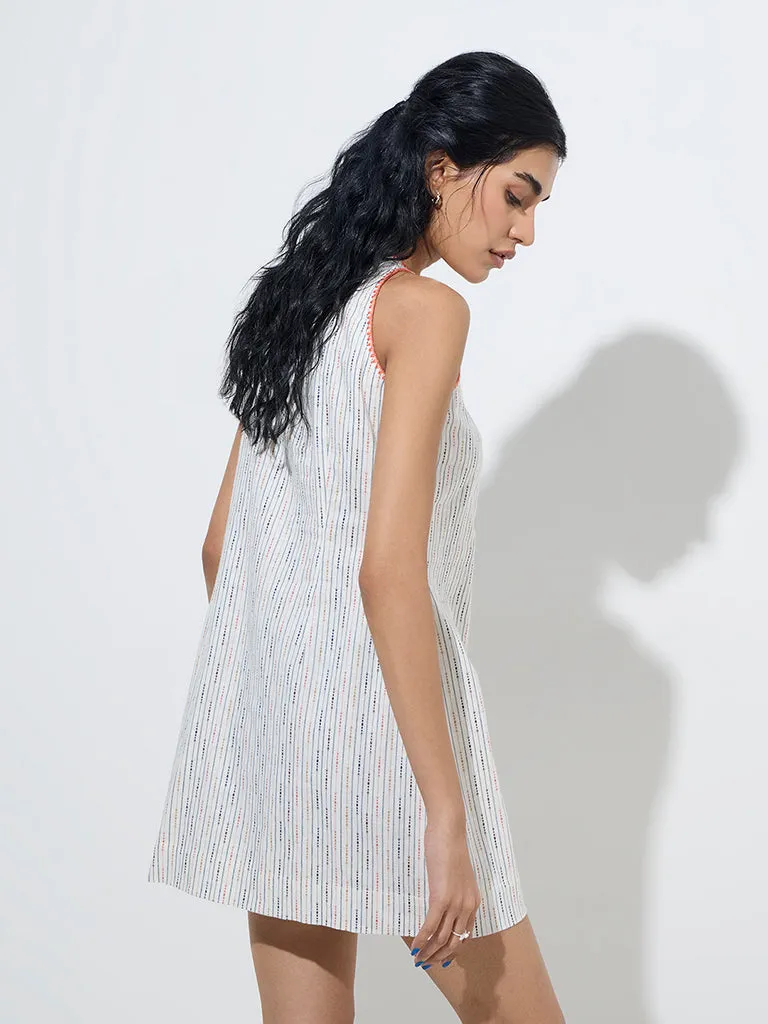 Bombay Paisley Off-White Striped Cotton Straight Dress