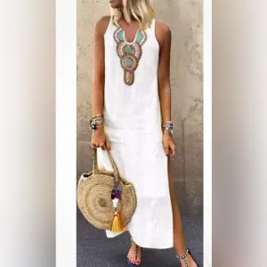 Boston Proper Linen Maxi Shift Dress M Popover Sleeveless Beads Pockets Coastal