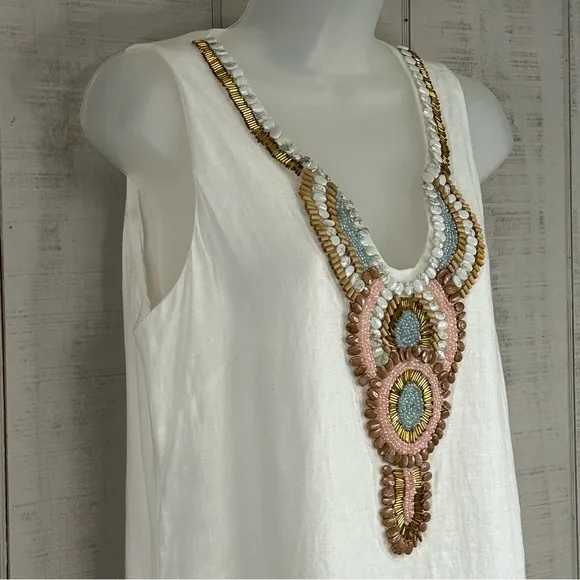 Boston Proper Linen Maxi Shift Dress M Popover Sleeveless Beads Pockets Coastal