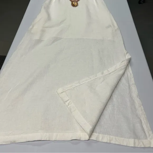 Boston Proper Linen Maxi Shift Dress M Popover Sleeveless Beads Pockets Coastal