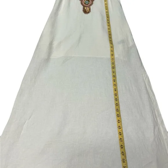 Boston Proper Linen Maxi Shift Dress M Popover Sleeveless Beads Pockets Coastal