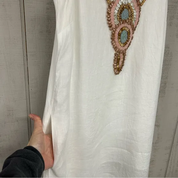 Boston Proper Linen Maxi Shift Dress M Popover Sleeveless Beads Pockets Coastal