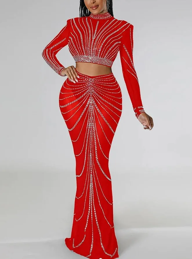 Bougie Rhinestone Crystal Sheer Skirt Set
