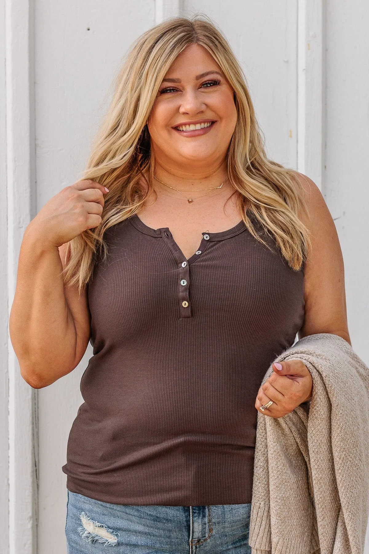 Bound To Be Beautiful Button Henley Tank Top- Brown