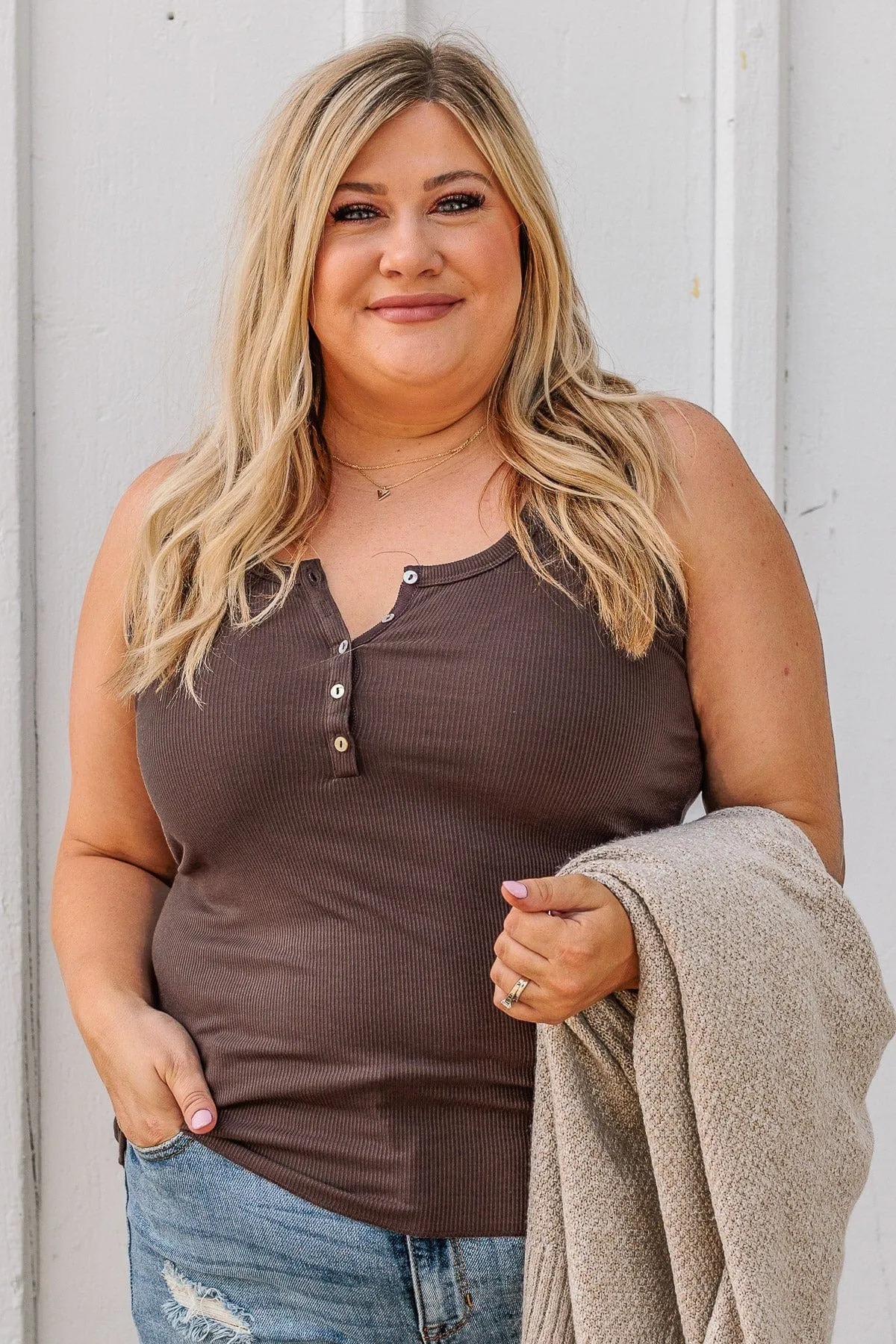 Bound To Be Beautiful Button Henley Tank Top- Brown