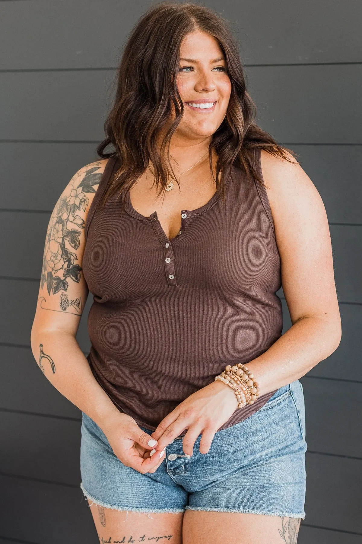 Bound To Be Beautiful Button Henley Tank Top- Brown