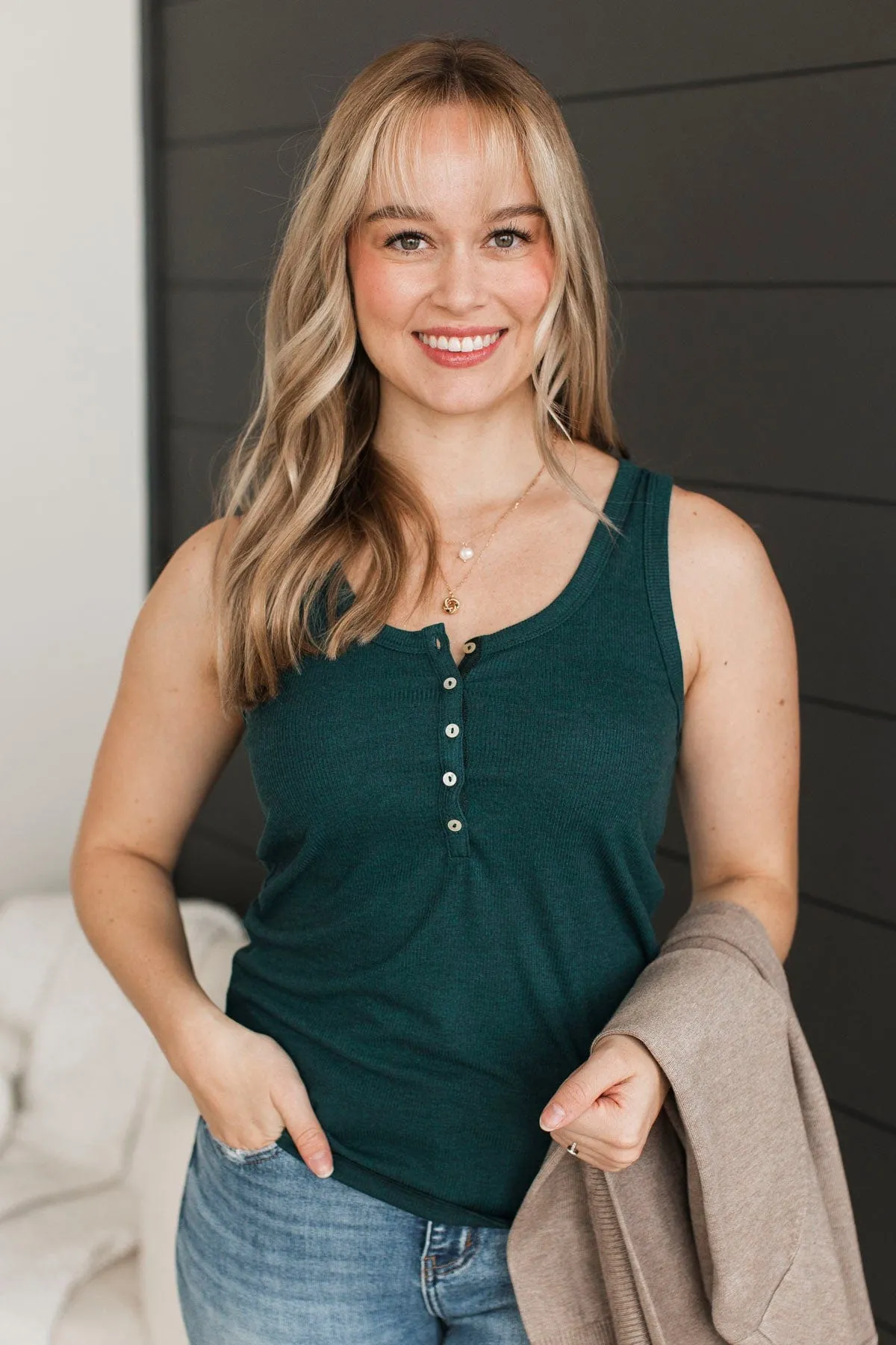 Bound To Be Beautiful Henley Tank Top- Hunter Green