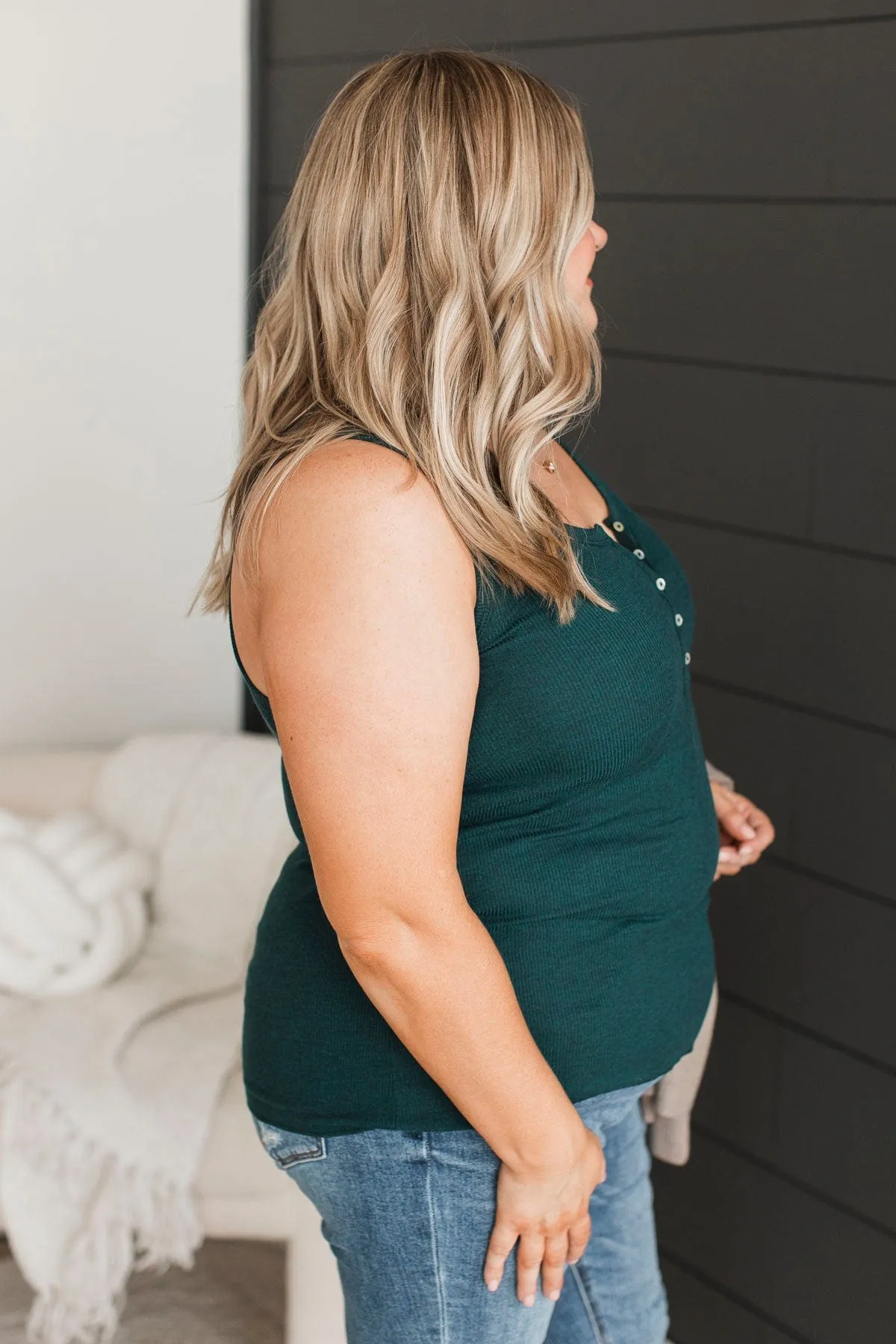Bound To Be Beautiful Henley Tank Top- Hunter Green