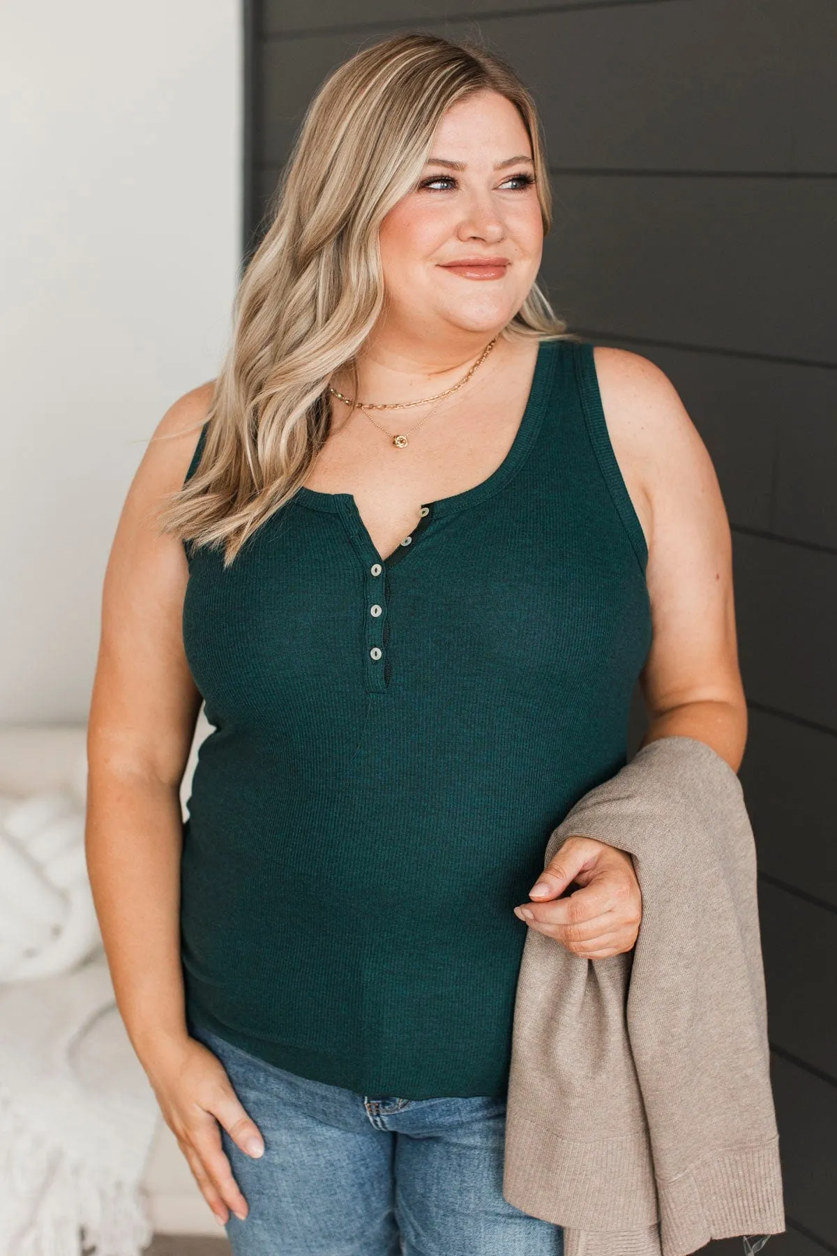 Bound To Be Beautiful Henley Tank Top- Hunter Green