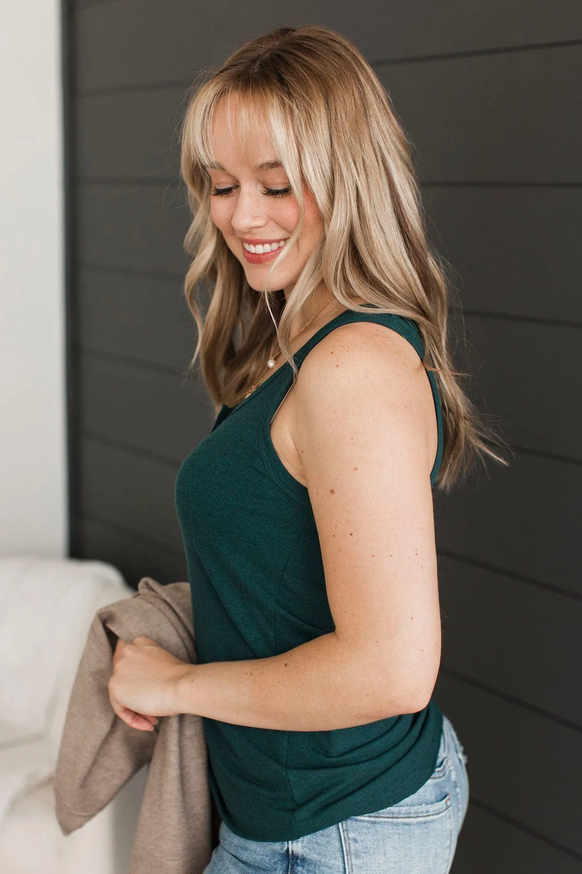 Bound To Be Beautiful Henley Tank Top- Hunter Green