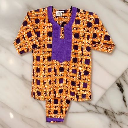 Boys 3pc Orange Purple Embroidered African Dashiki Pant Set (Small)