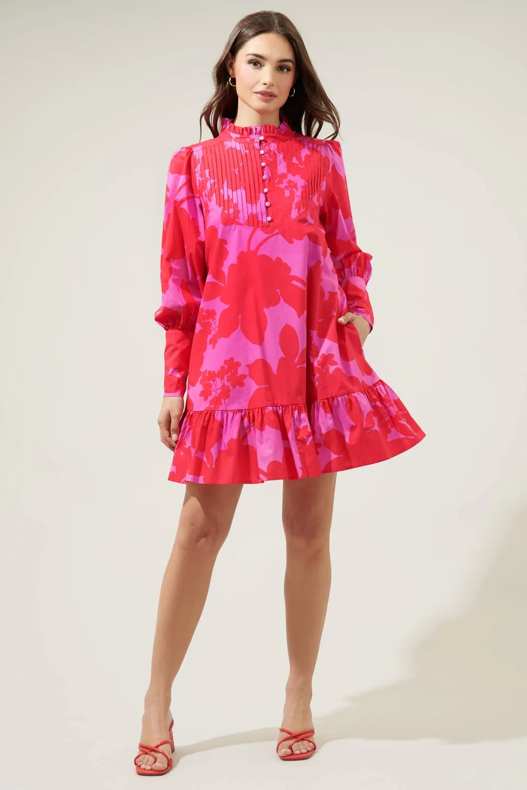 Briff Floral Beacher Pintuck Shift Dress: PINK-RED-MUL