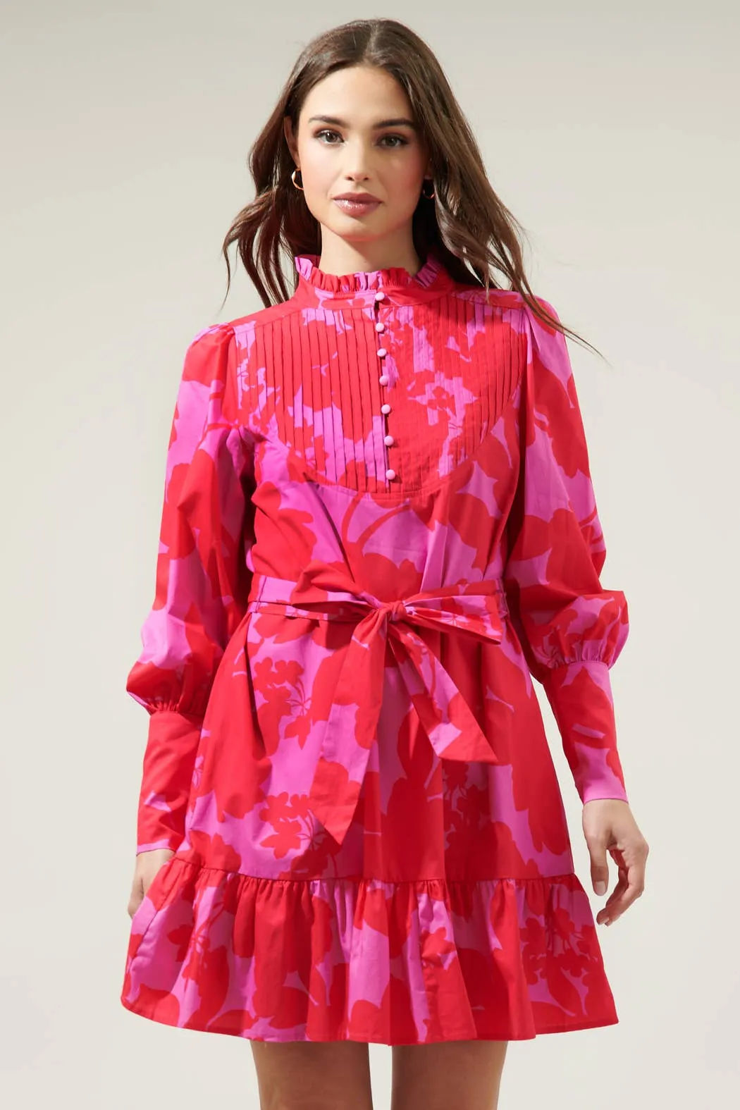 Briff Floral Beacher Pintuck Shift Dress: PINK-RED-MUL