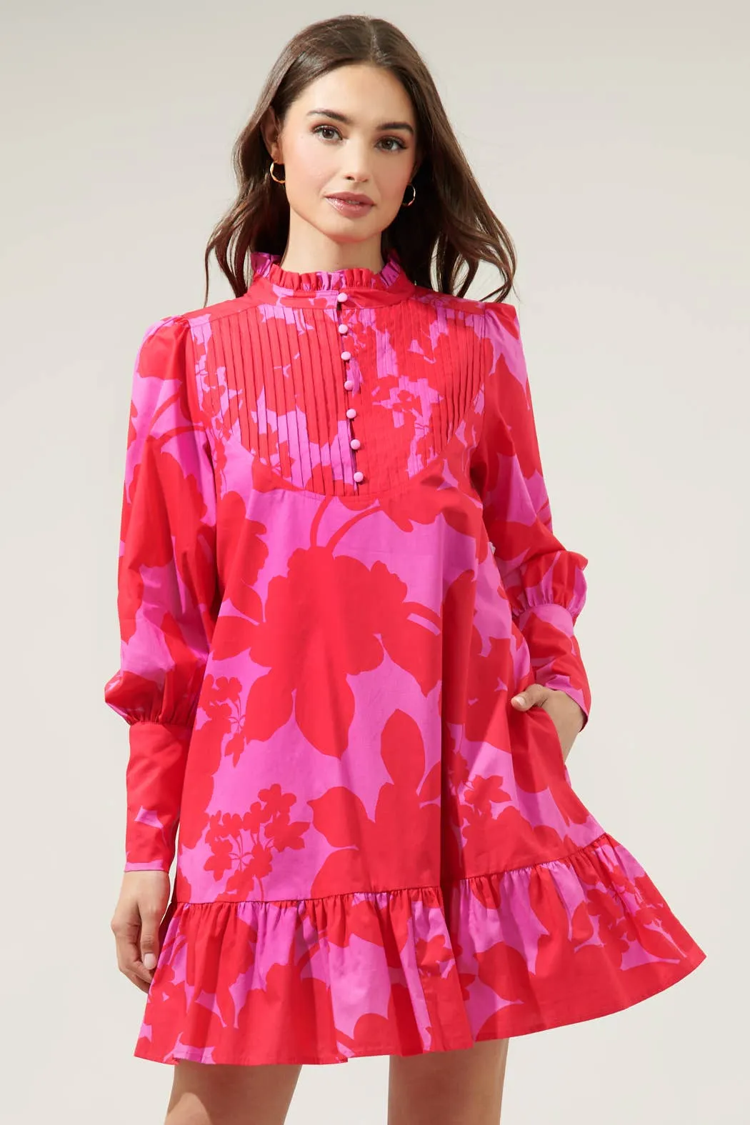 Briff Floral Beacher Pintuck Shift Dress: PINK-RED-MUL