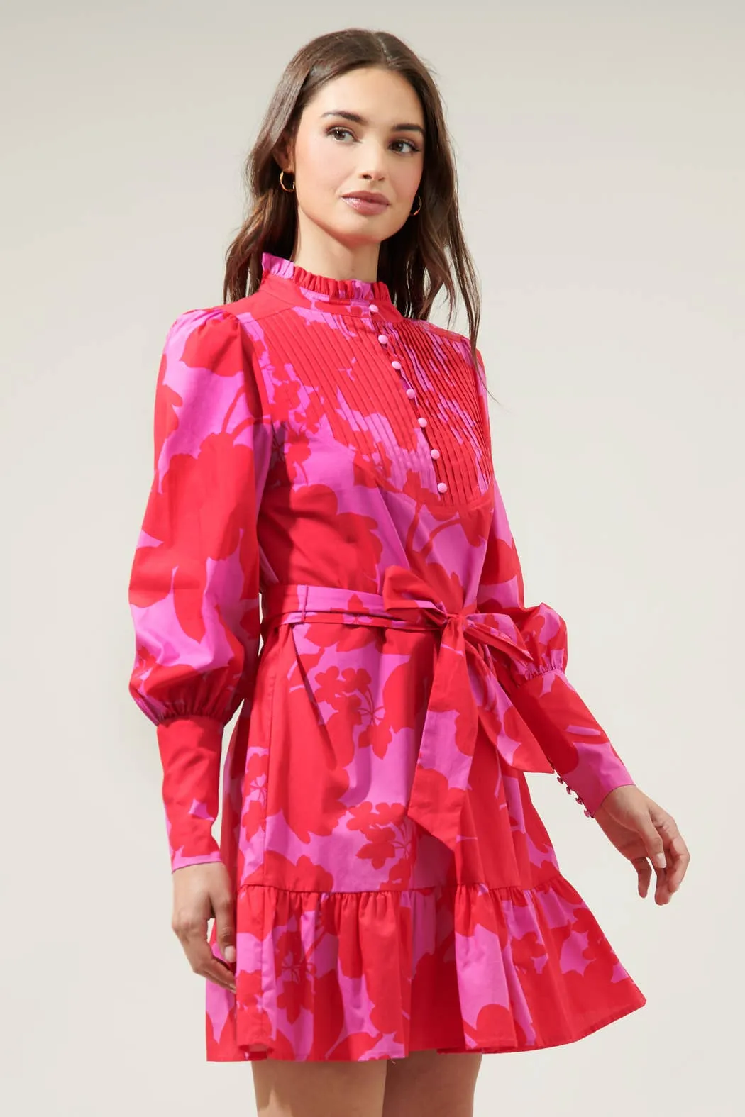Briff Floral Beacher Pintuck Shift Dress: PINK-RED-MUL