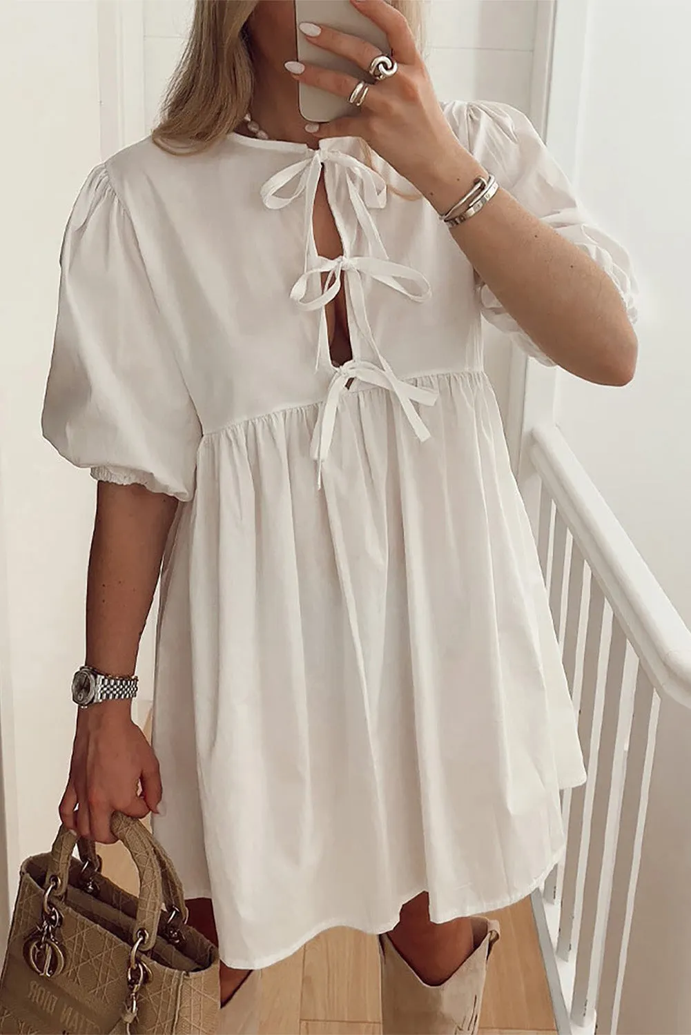 Bright Pink Solid Color Puff Sleeve Tie Front High Waist Mini Dress