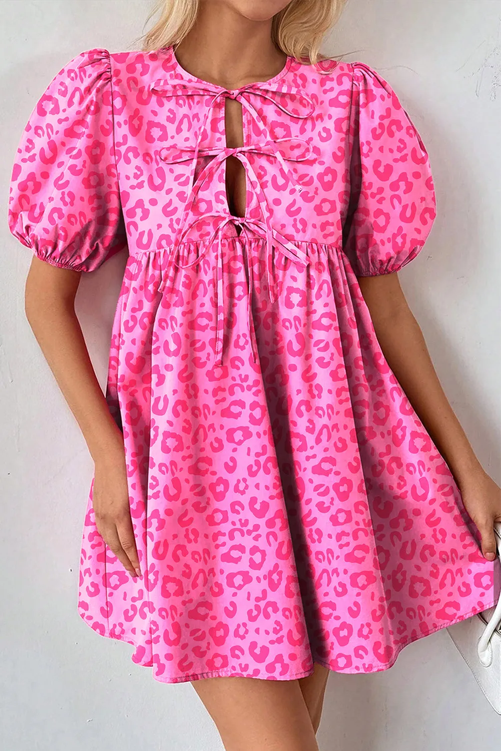 Bright Pink Solid Color Puff Sleeve Tie Front High Waist Mini Dress