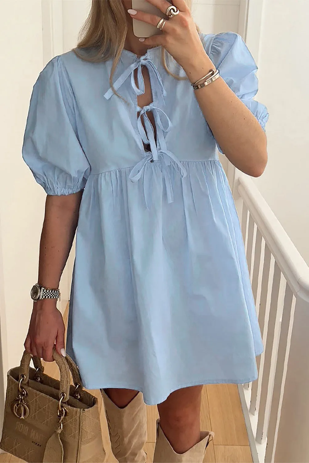 Bright Pink Solid Color Puff Sleeve Tie Front High Waist Mini Dress