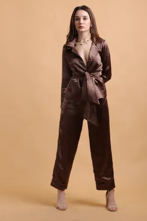 Brown Satin Full Sleeves Belted Co-ord Set