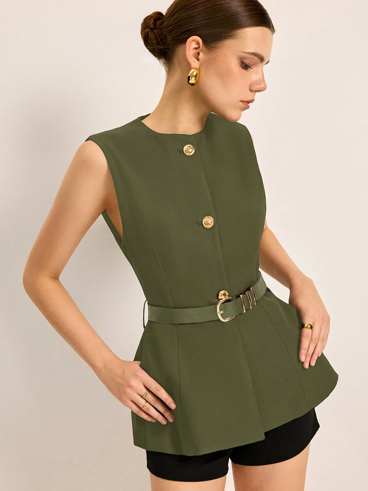 Button Detail Pockets Top With Belt