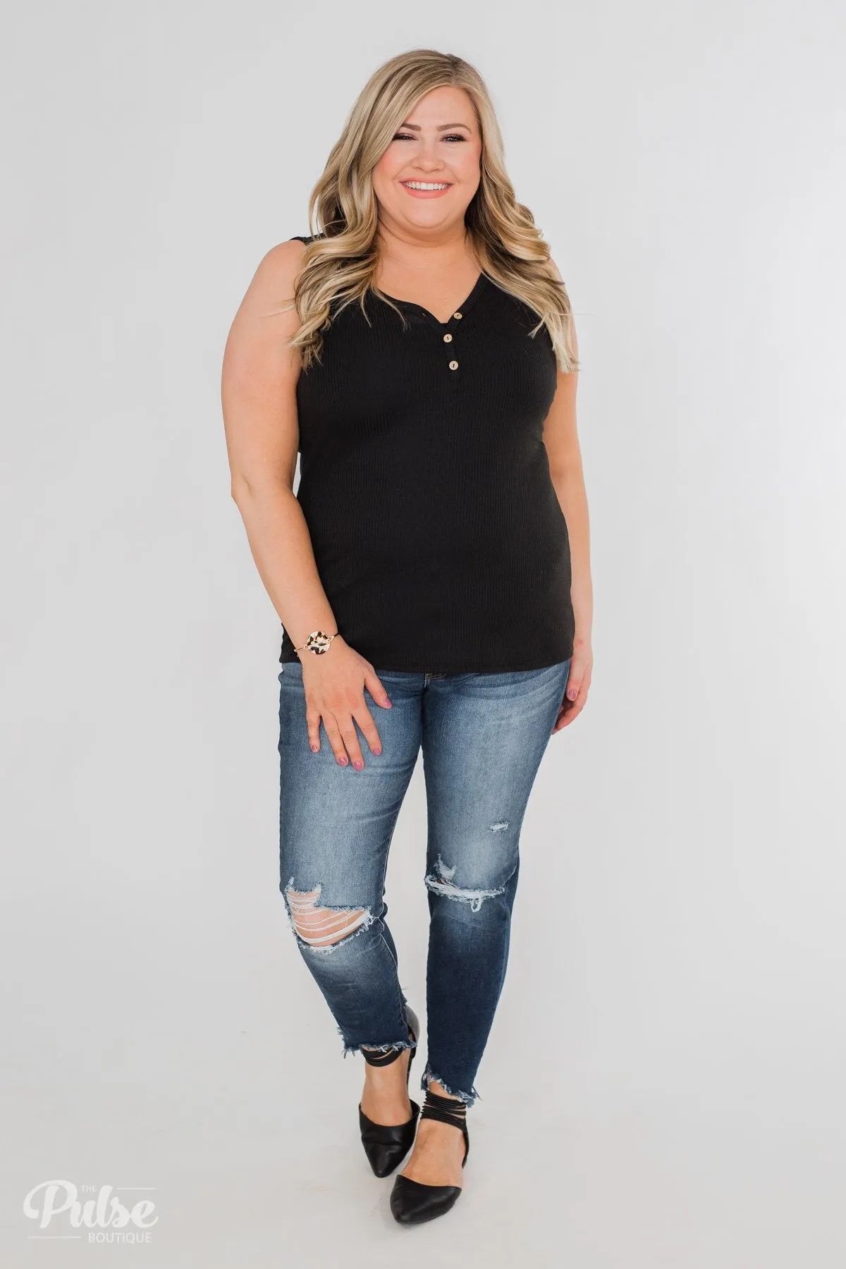 Button Henley Tank Top- Black