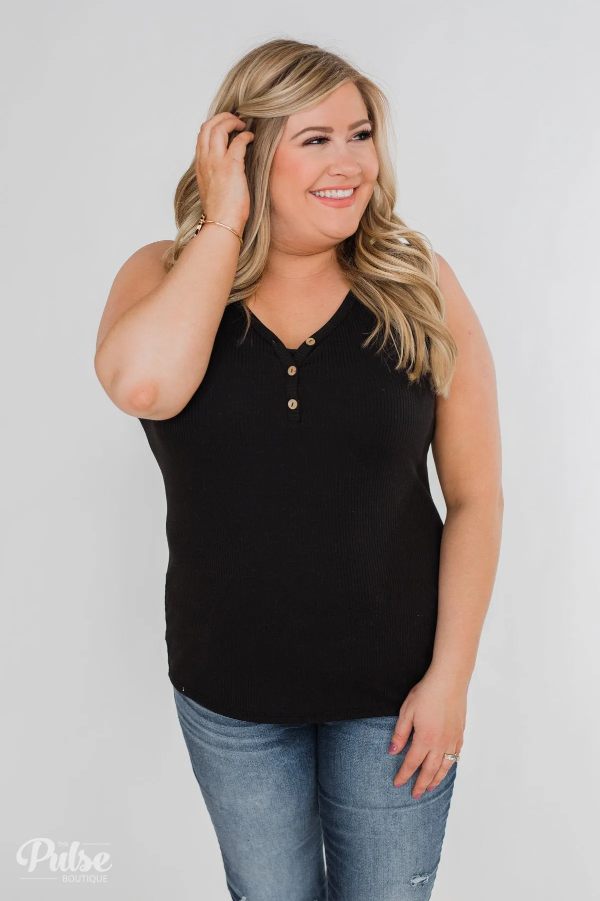 Button Henley Tank Top- Black