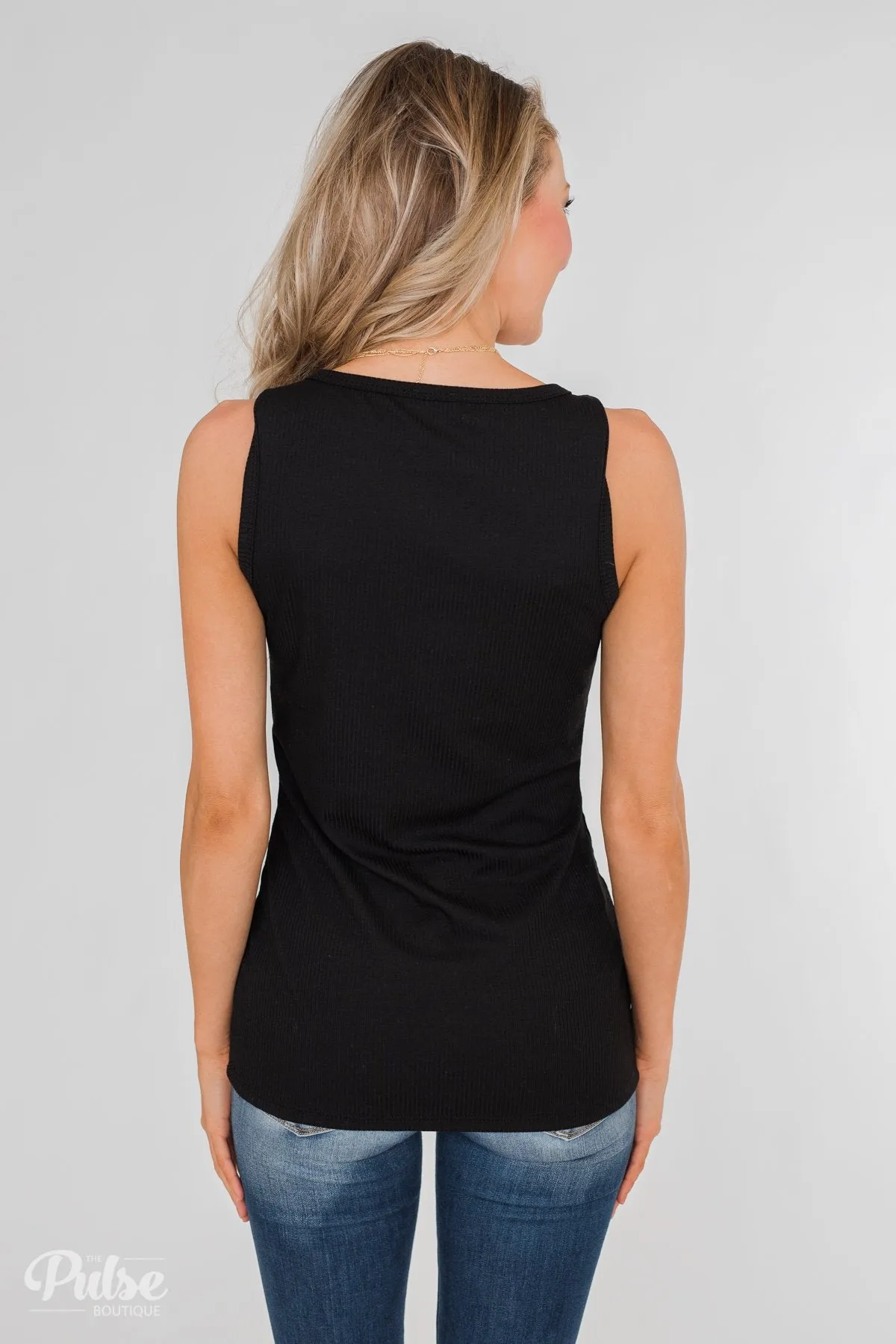 Button Henley Tank Top- Black
