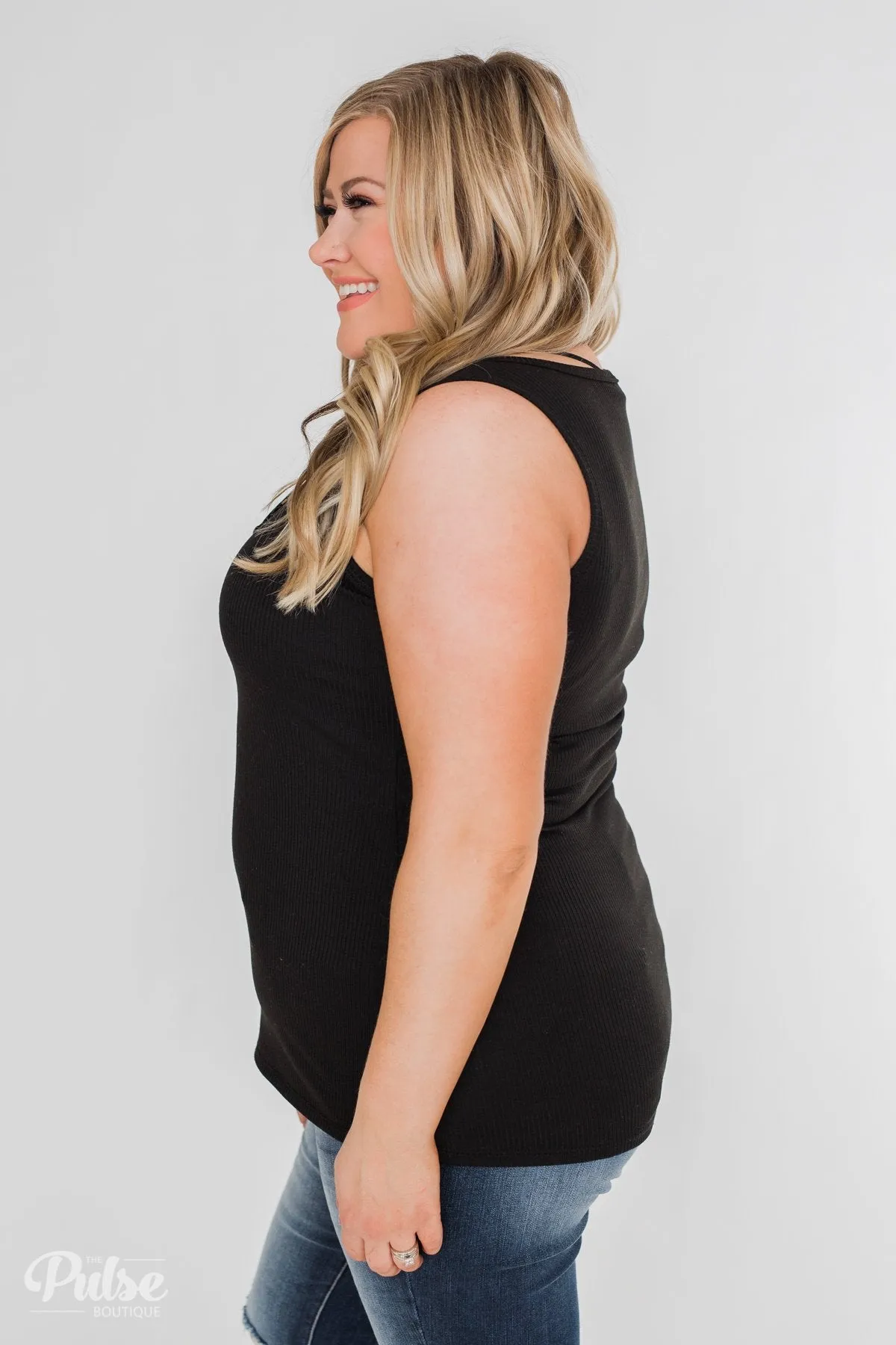 Button Henley Tank Top- Black