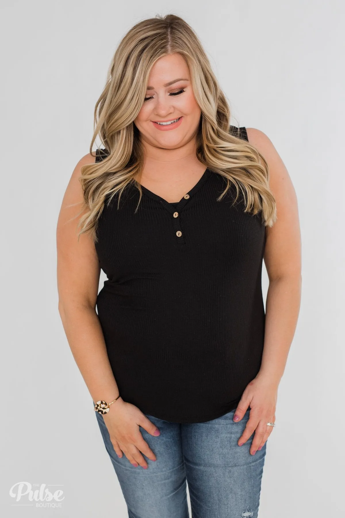 Button Henley Tank Top- Black