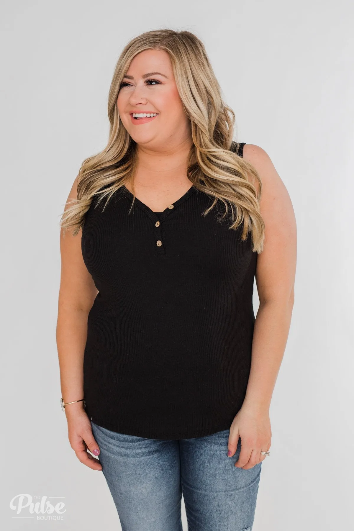 Button Henley Tank Top- Black