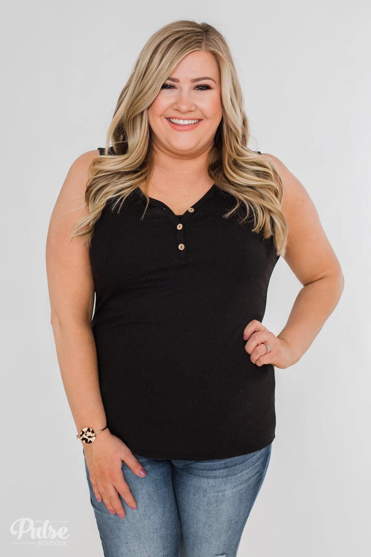Button Henley Tank Top- Black