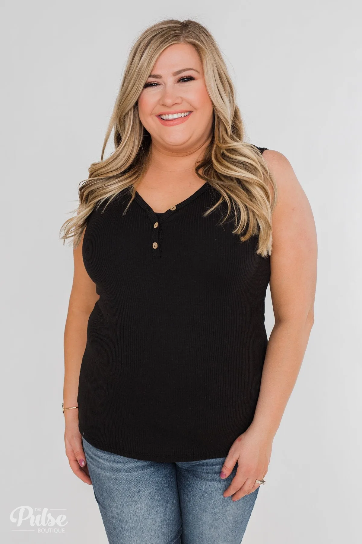 Button Henley Tank Top- Black