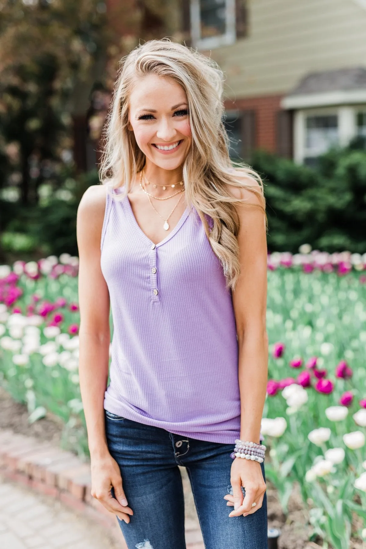Button Henley Tank Top- Lilac