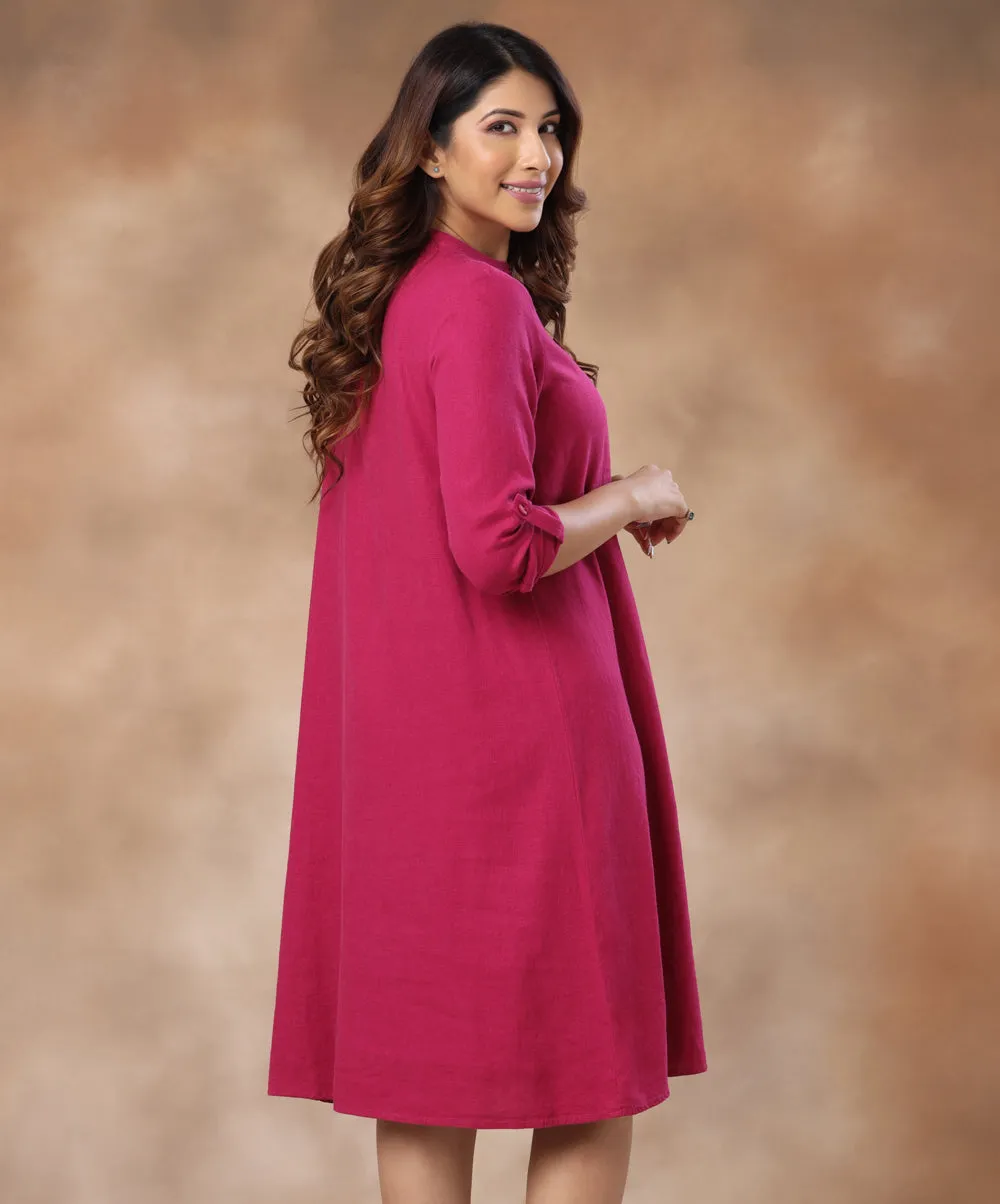 Buttoned Embroidered Shift Magenta Dress
