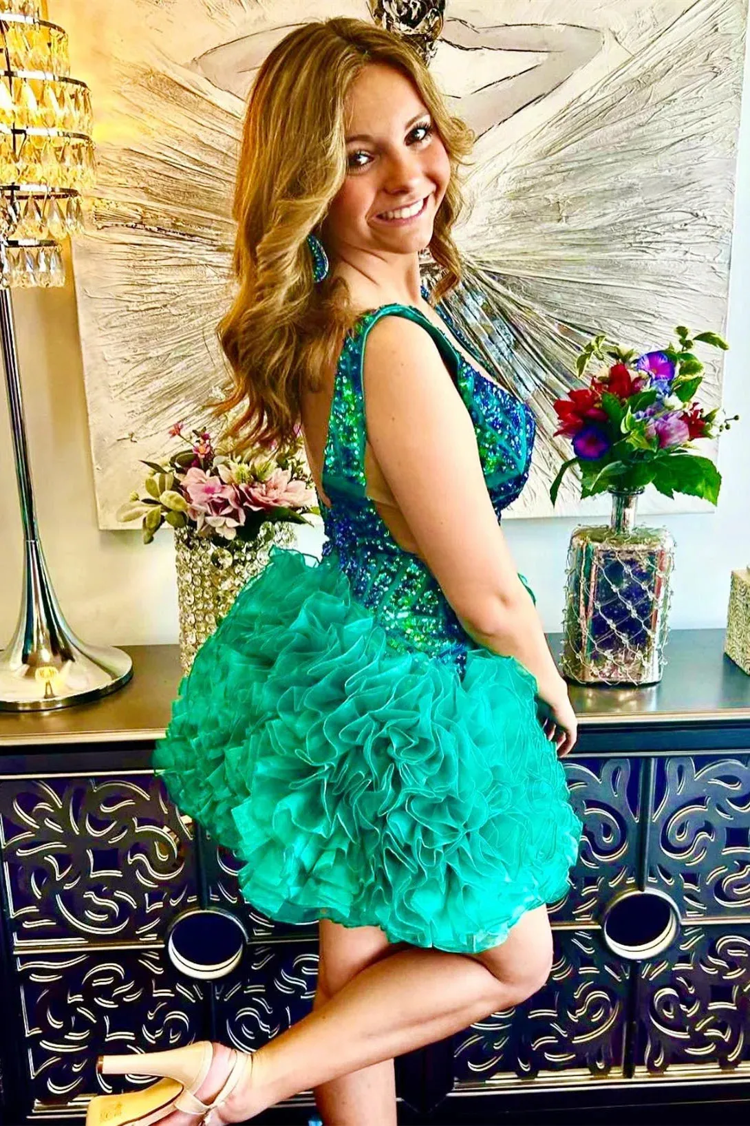 Cairo | Emerald Sequin Plunge V-Neck Homecoming Dress