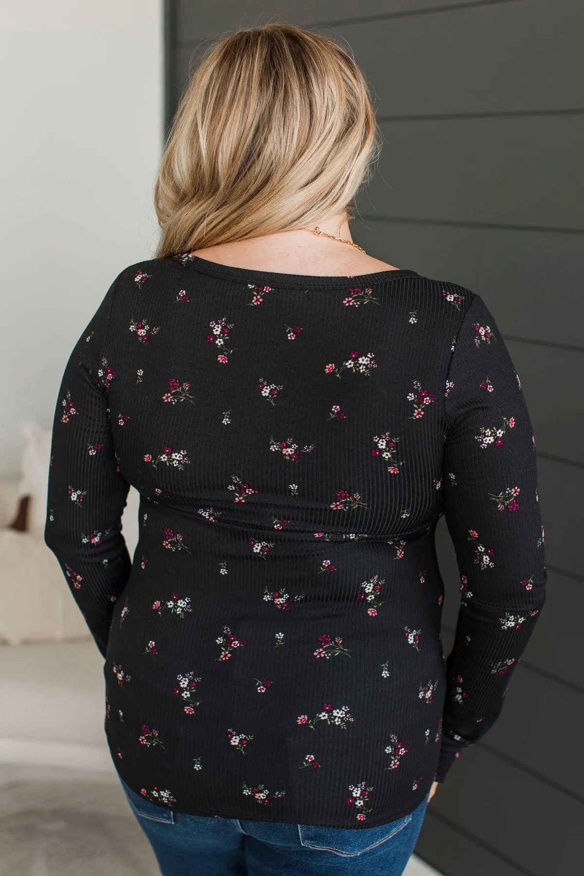 Call Me Lovely Floral Henley Top- Black & Magenta