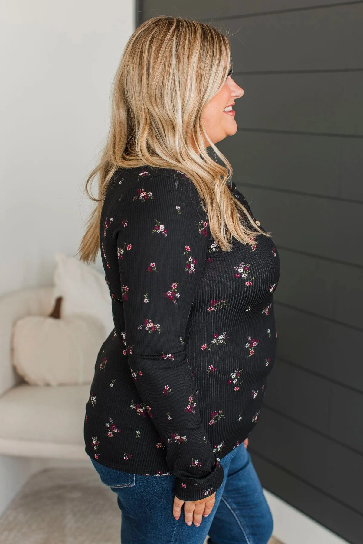 Call Me Lovely Floral Henley Top- Black & Magenta