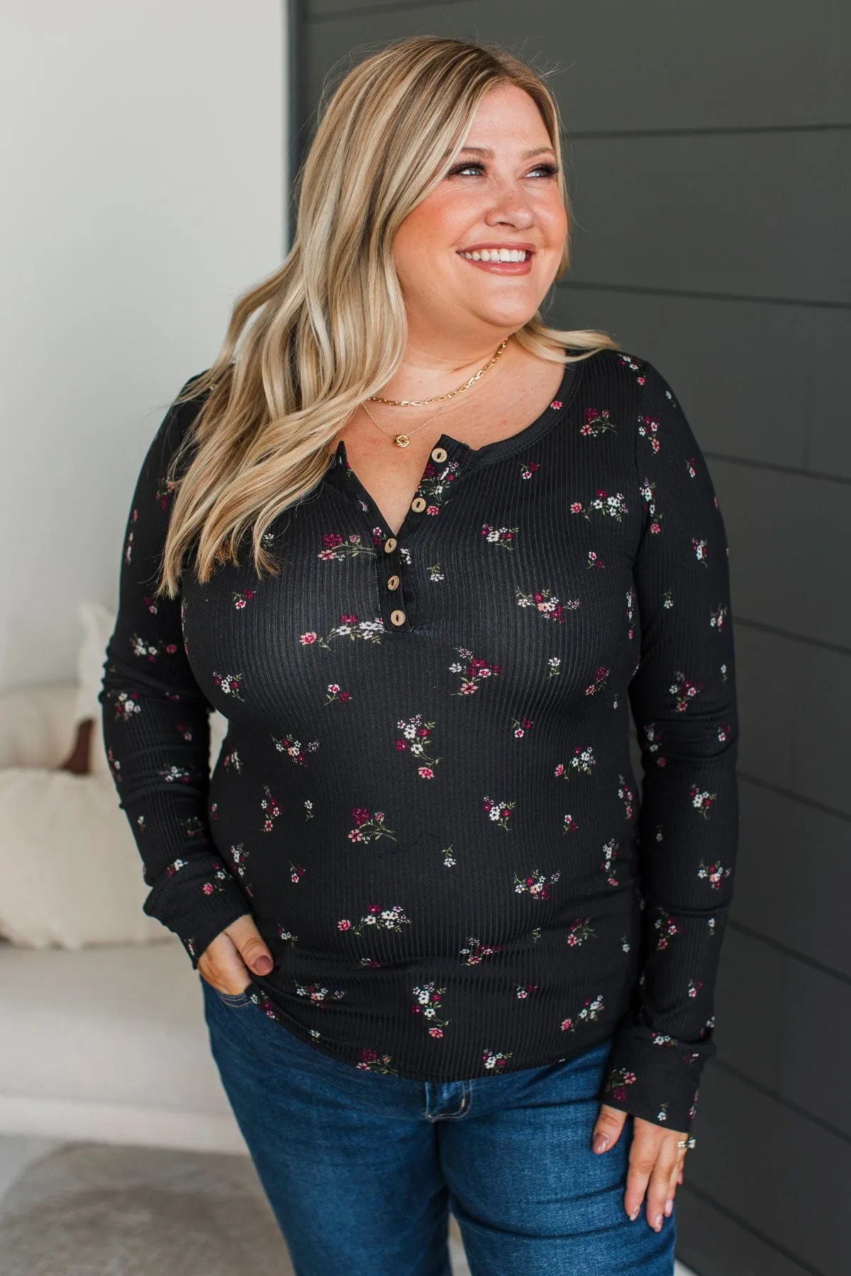 Call Me Lovely Floral Henley Top- Black & Magenta