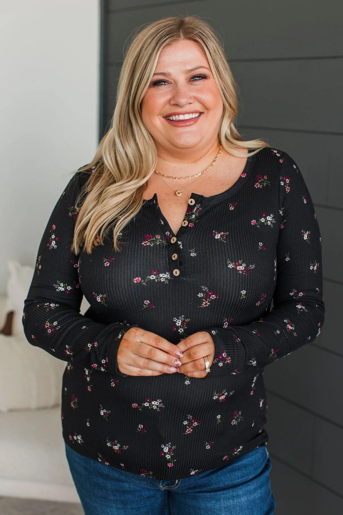 Call Me Lovely Floral Henley Top- Black & Magenta