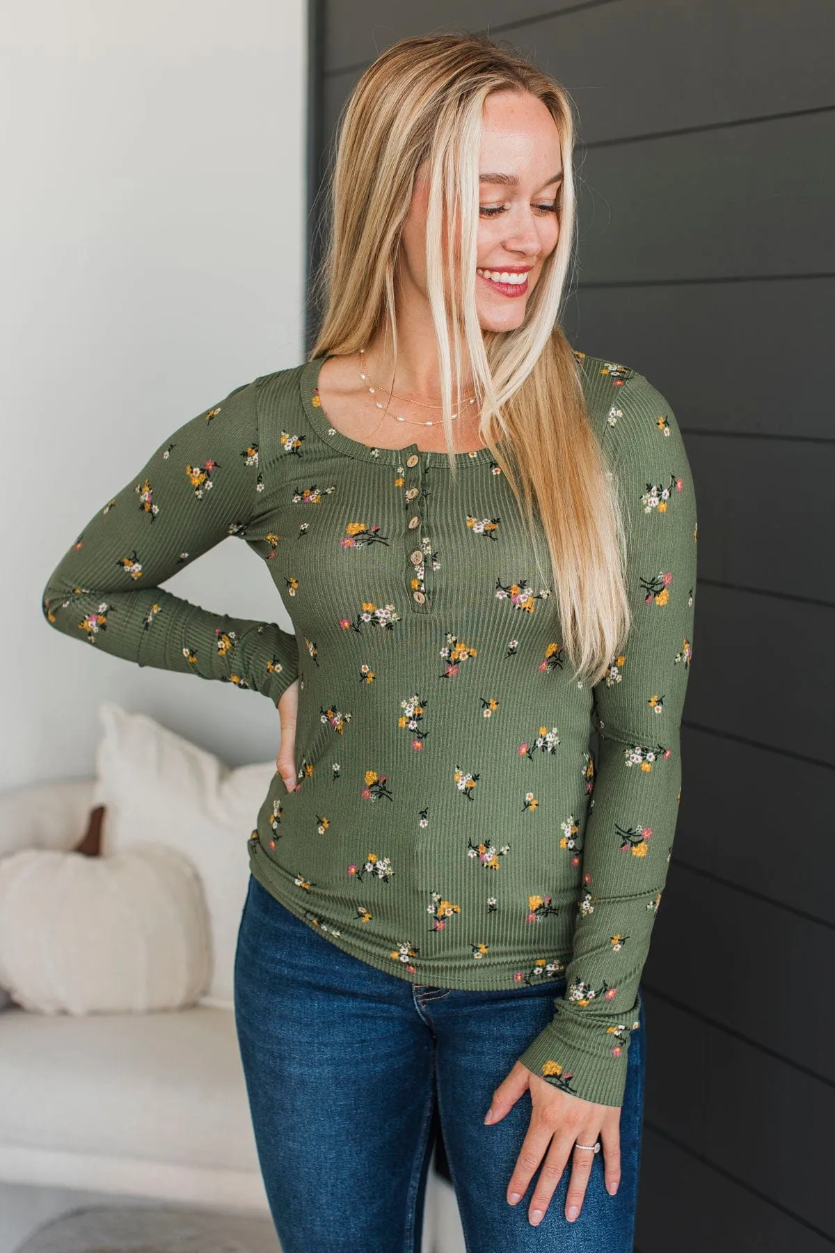 Call Me Lovely Floral Henley Top- Dark Sage