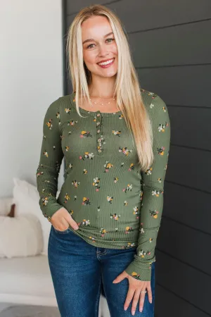 Call Me Lovely Floral Henley Top- Dark Sage
