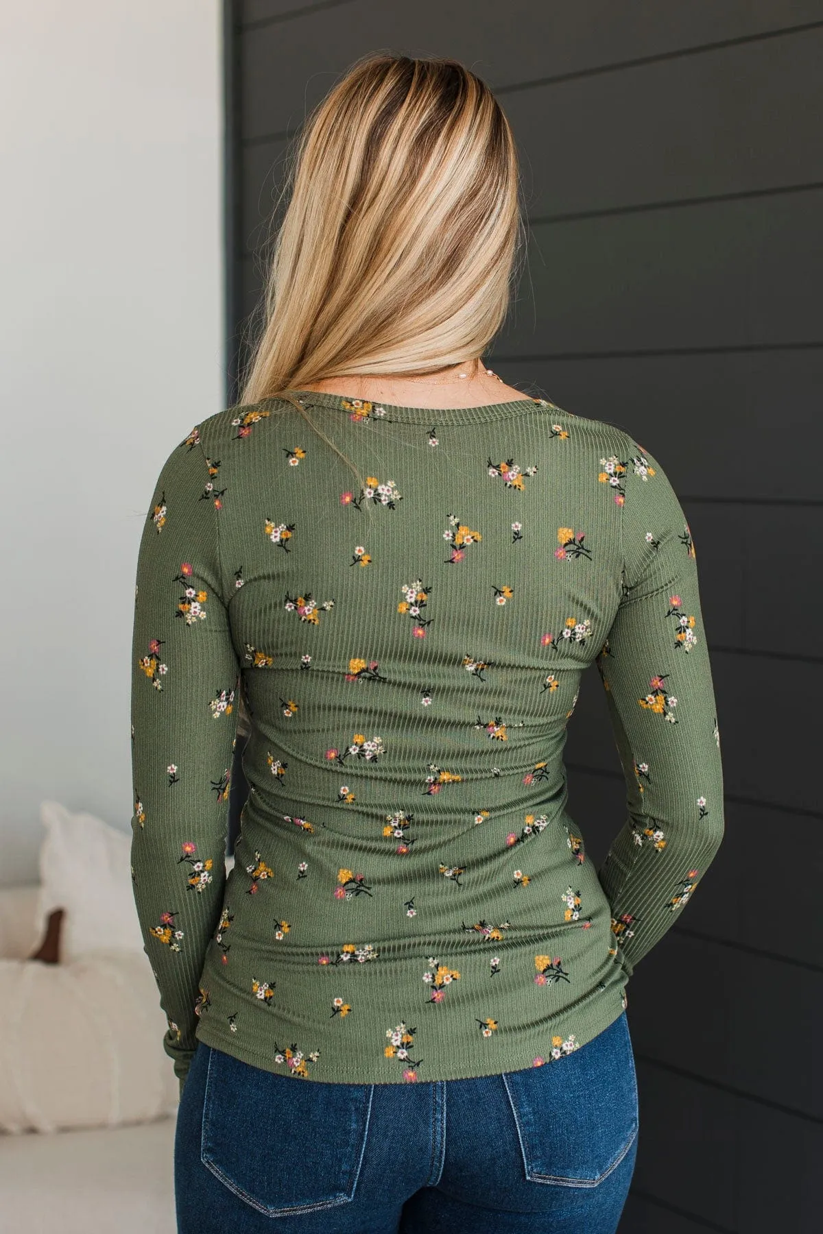 Call Me Lovely Floral Henley Top- Dark Sage