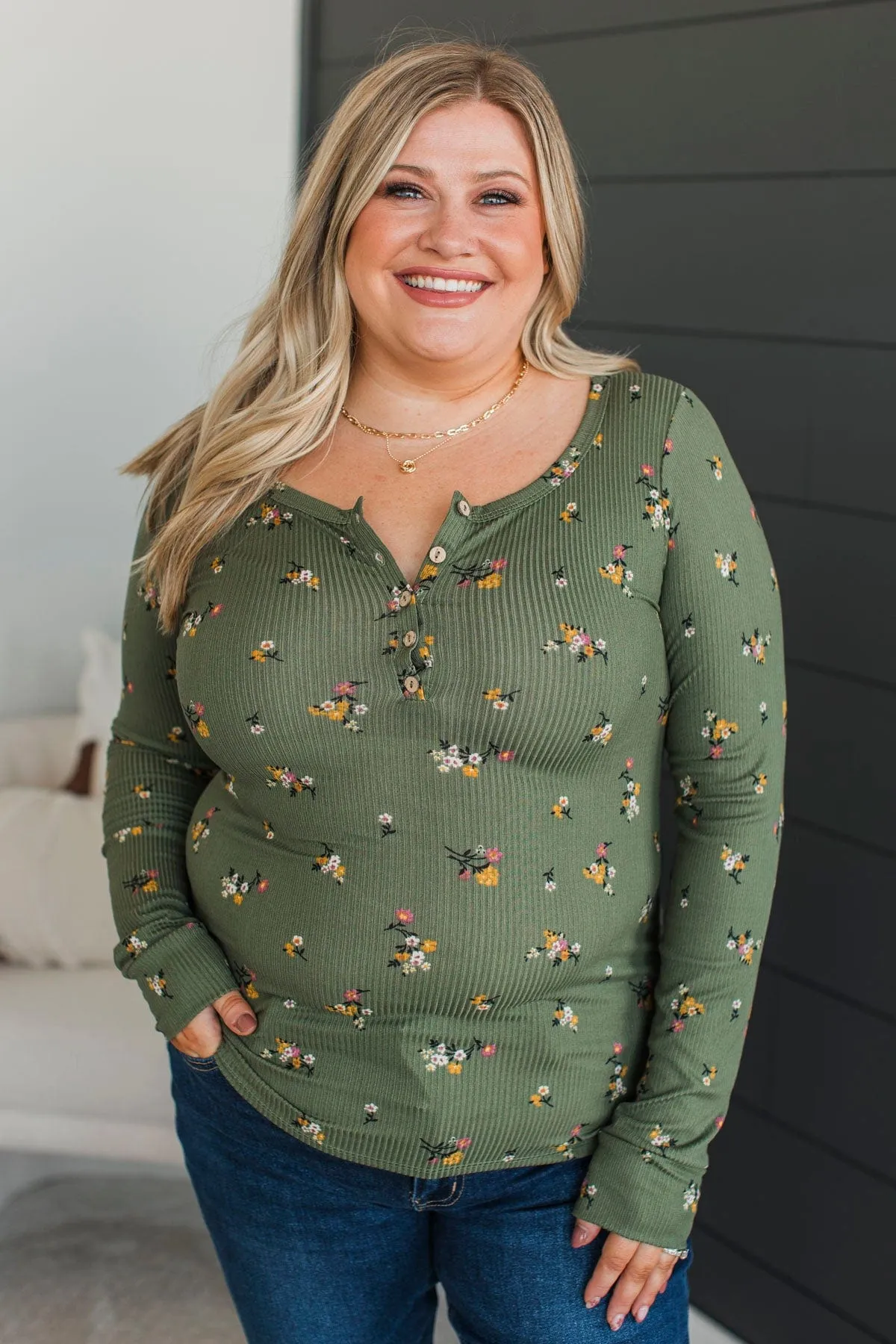 Call Me Lovely Floral Henley Top- Dark Sage