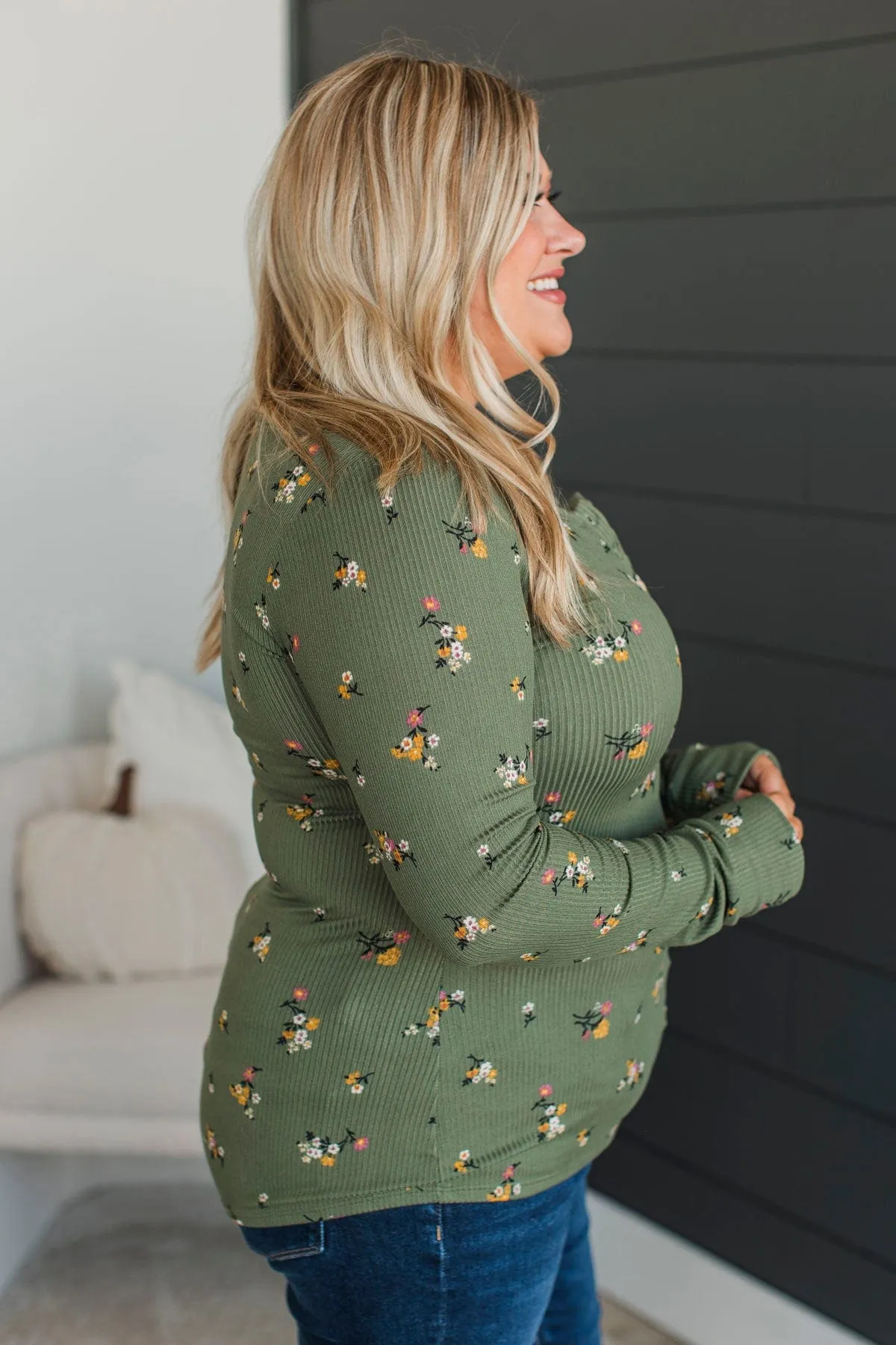 Call Me Lovely Floral Henley Top- Dark Sage