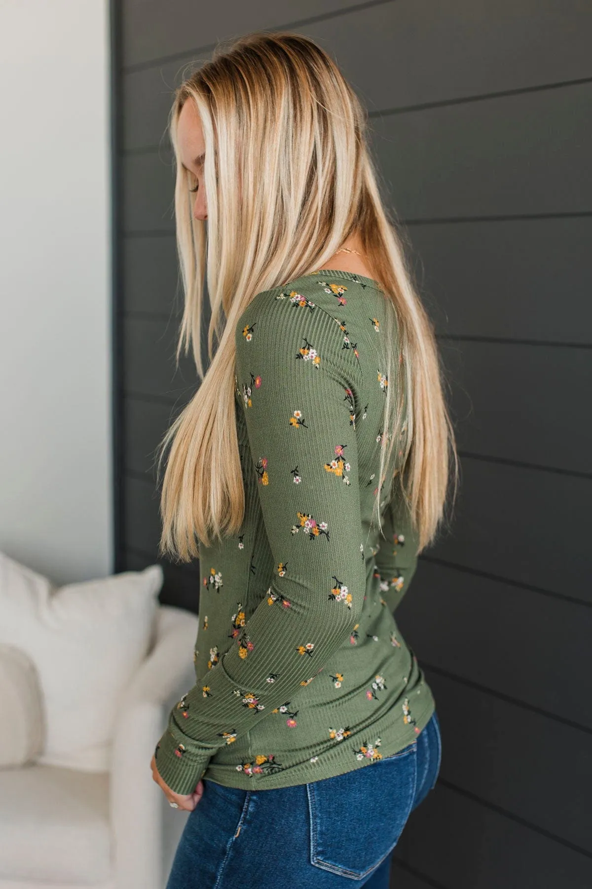 Call Me Lovely Floral Henley Top- Dark Sage