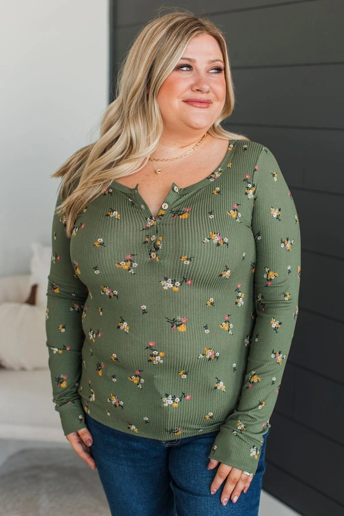 Call Me Lovely Floral Henley Top- Dark Sage